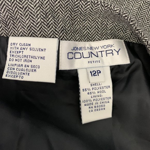 Vintage Jones New York Wool Blend Skirt 12P Black Herringbone Embroidered Lined - Picture 5 of 5